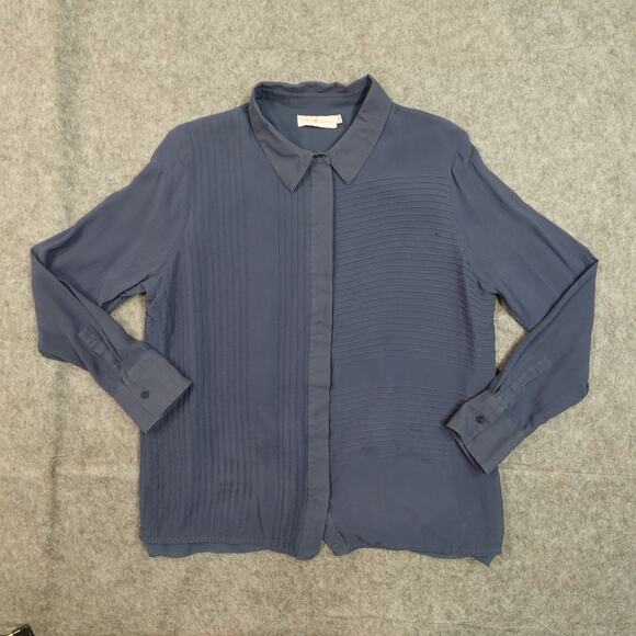 Tory Burch Top Womens 12 Silk Button Front Pintuck Chiffon Harbor Blue Long Slv - Picture 2 of 12